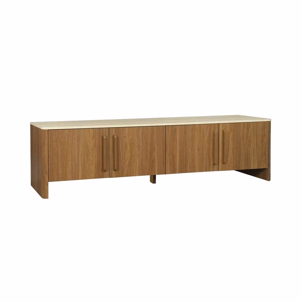 Sweek 4-Door Modern TV Stand with Travertine Effect Top and Wood Decor in Dark Brown, W/D/H: 180 x 40 x 50 cm – 2