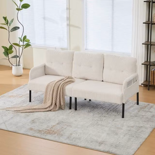 HomeTouch Modern 3 Seater Fabric Sofa in Beige with Side Pockets and Armrests, W/D/H: 171 x 80 x 57 cm