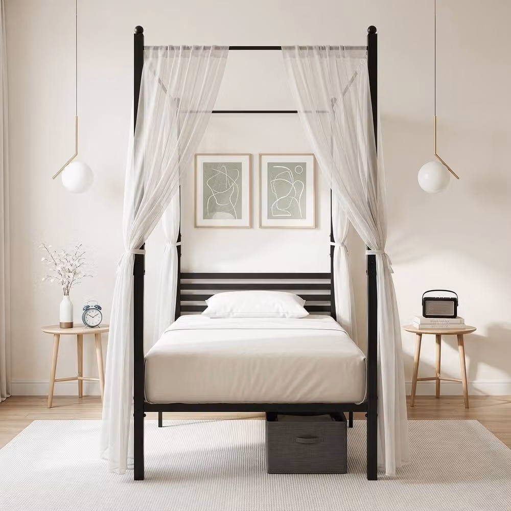 Costway Single Size Metal Canopy Bed Frame with Headboard in Black, W/D/H: 140 x 200 cm – 3