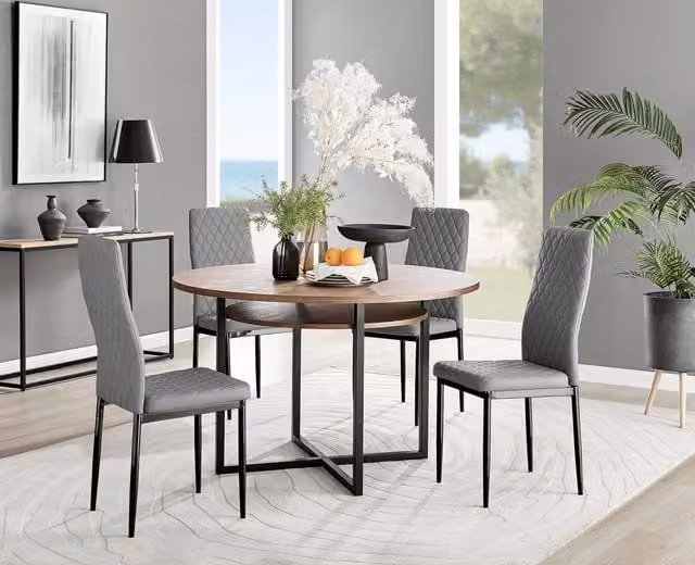 FurnitureboxUK Adley Brown Wood Round Dining Table and 4 Milan Grey Chairs with Black Legs – 1