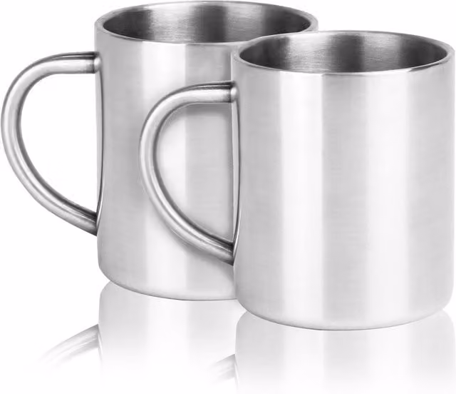 Maison & White Set of 2 Double Walled Stainless Steel Mugs in Silver