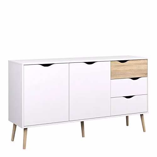Furniture To Go Oslo Large Sideboard with 3 Drawers and 2 Doors in White and Oak, W: 147.2 cm, H: 81.7 cm, D: 39.1 cm