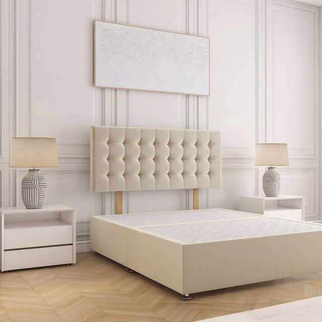 BSSPOKE Isla Super King Divan Bed with 24 inch Plush Velvet Headboard in Cream/Beige