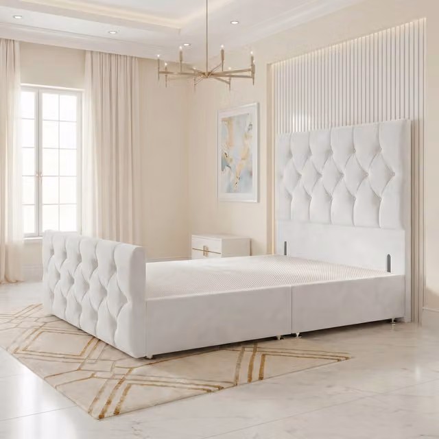 Somnior Beds Ltd Chesterfield Velvet Divan Bed Base with Drawers and Headboard, White, W/D/H: 180 x 200 cm
