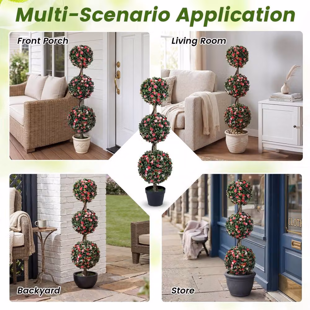 Costway Artificial Triple Ball Rose Topiary Tree, Pink Multicolour Faux Potted Floral Plant – 4