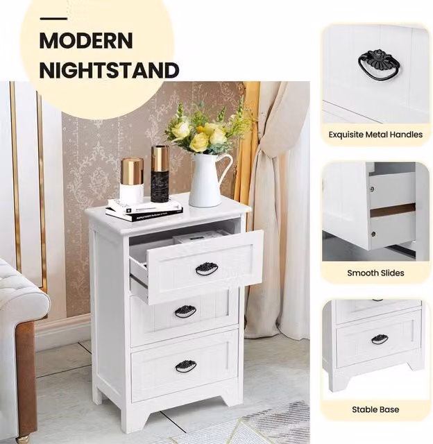NESTLUNE Vintage 3-Drawer Wood Bedside Table and Accent Nightstand in White