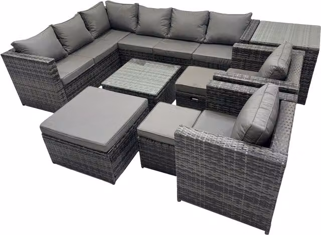 Fimous 11-Seater Rattan Garden Furniture Set in Grey with L-Shape Corner Sofa, Ottoman, 3-Seater Sofa and Coffee Table
