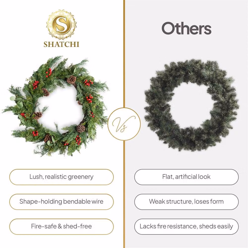 Shatchi Christmas Wreath with Red Berries and Pinecones in Green, Diameter: 90 cm – 7