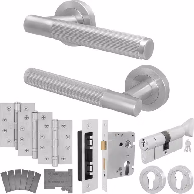 AFIT Satin Silver Fire Door Handle, Euro Lock Thumbturn Cylinder Set and Hinges, W: 150 mm x H: 150 mm