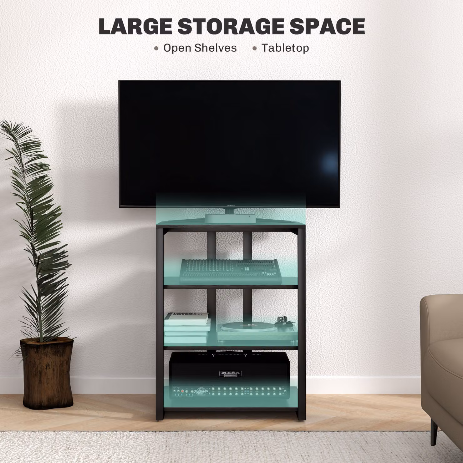 HOMCOM Corner TV Stand Cabinet in Black for up to 28 Inch TVs with Open Adjustable Shelves and Extension Lead Holder – 4