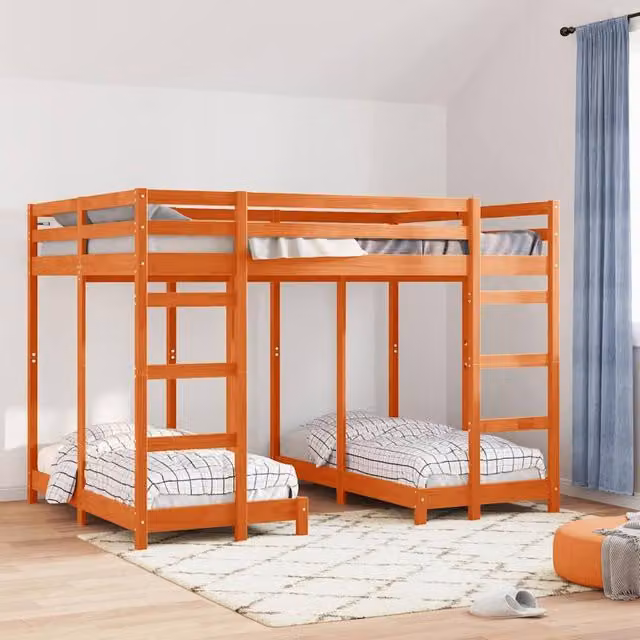 Berkfield Home Triple Bunk Bed Frame in Waxed Brown Solid Pine Wood W/D/H: 140 x 200 cm