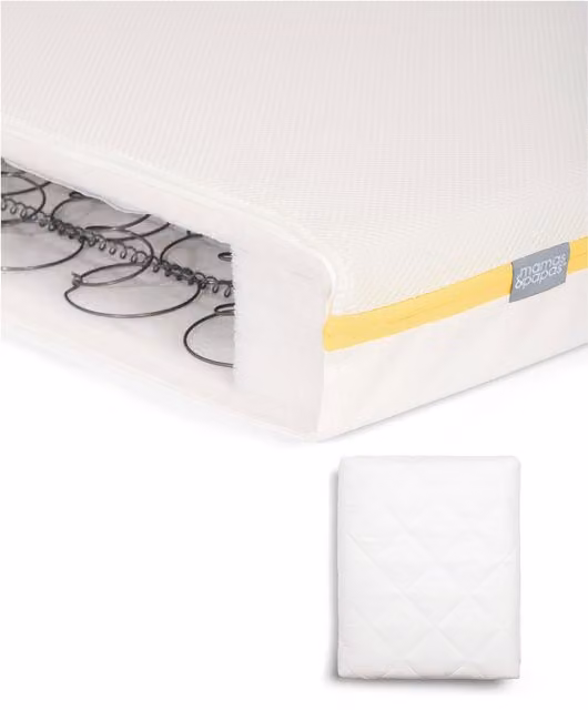 Mamas & Papas Essential Airflow Spring Cotbed Mattress and Anti-Allergy Quilted Mattress Protector Bundle in White