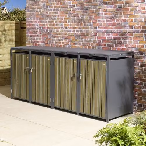 Rowlinsons Wimbledon Quadruple Bin Store in Grey Steel, W: 265 cm, D: 81 cm, H: 116.5 cm – 1