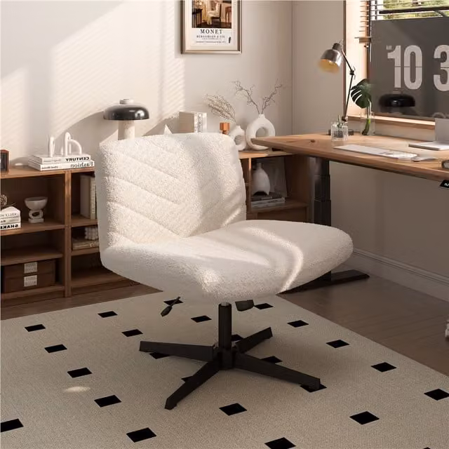Yaheetech Swivel Wide-Seat Makeup Task Chair in White Bouclé Fabric for Home Office
