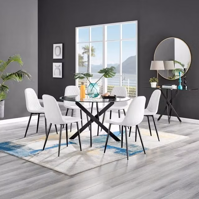 FurnitureboxUK Novara Round Glass Dining Table and 6 Corona Faux Leather Chairs in White and Black, Diameter: 120 cm