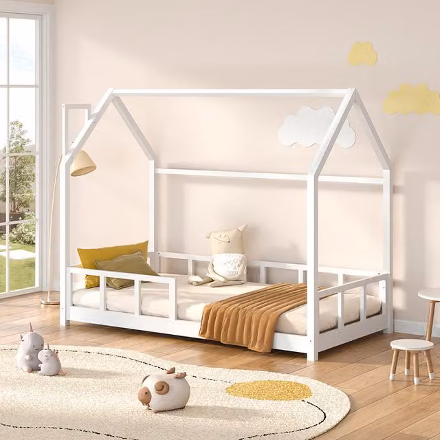 Kidkid White Solid Pine Wood House Bed Frame with Fence for Children