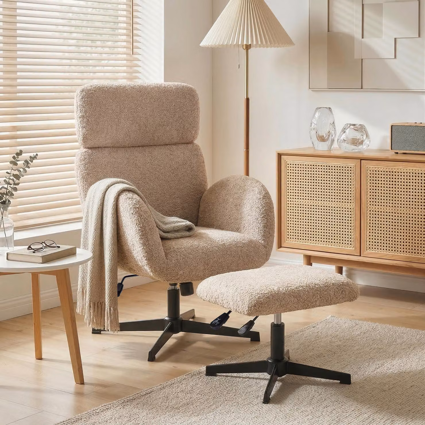 HOMCOM Swivel Armchair and Footstool Set in Brown Velvet Fabric with Adjustable Headrest and Rocking Function – 2