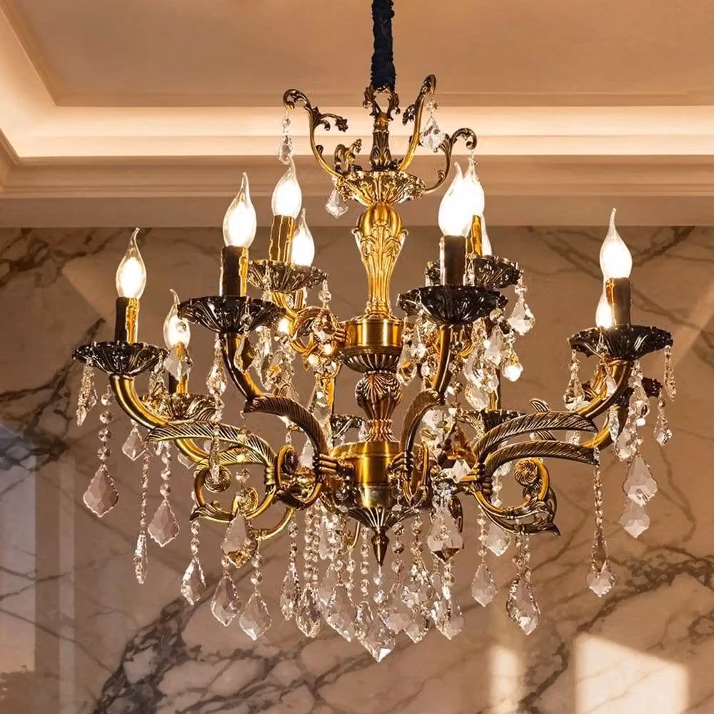 PAWNORA Large 12-Light Suspended Ceiling Pendant Light in Gold and Brass with Crystal Details – 4