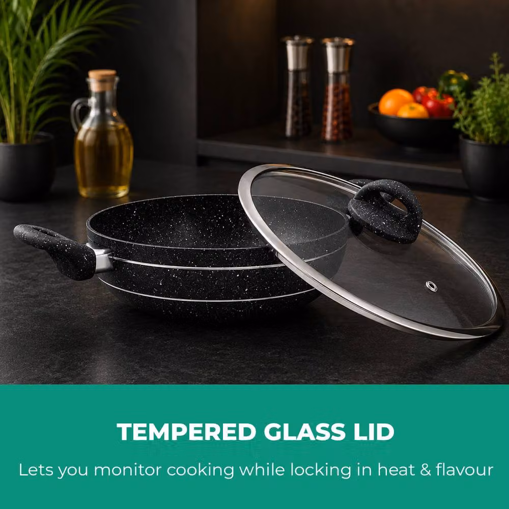 Royalford Black Granite Coating Non-Stick Wok Pan with Glass Lid, Medium – 3