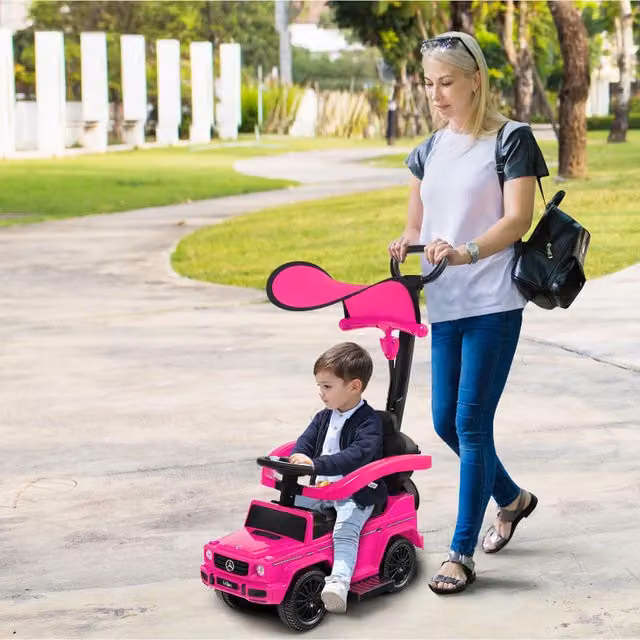 Costway 3-in-1 Benz Ride On Push Car with Canopy, Light and Sound in Pink