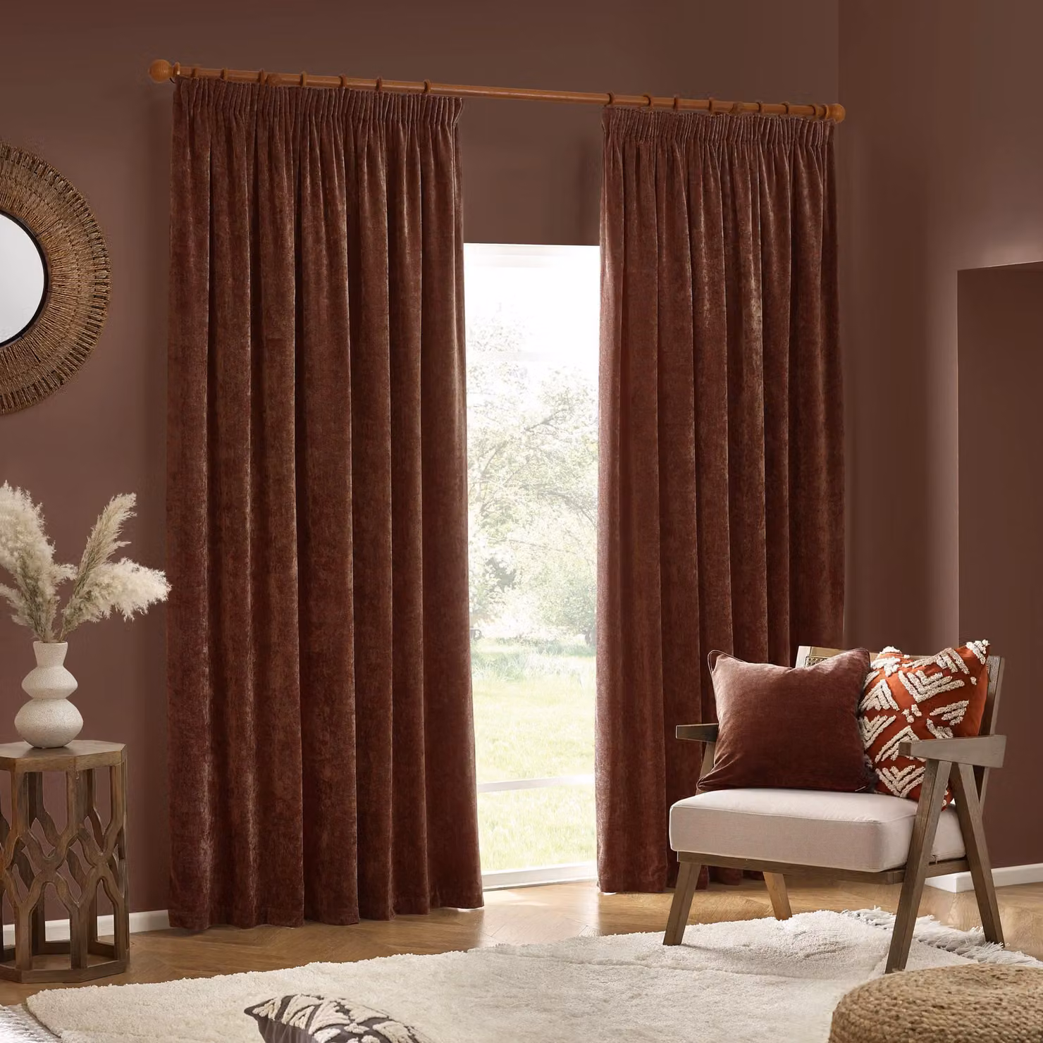 Yard Heavy Chenille Velvet Pencil Pleat Room Darkening Curtains in Brown, Width: 168 cm, Drop: 229 cm – 2