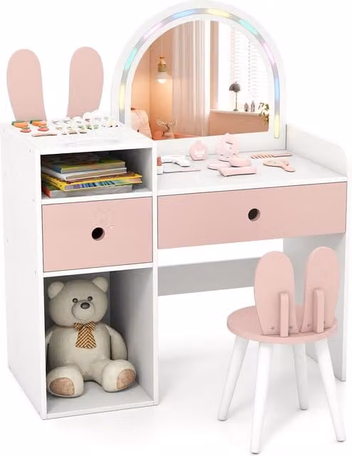 Costway Bunny Kids Vanity Table and Chair Set with Hollywood LED Lights in White and Pink