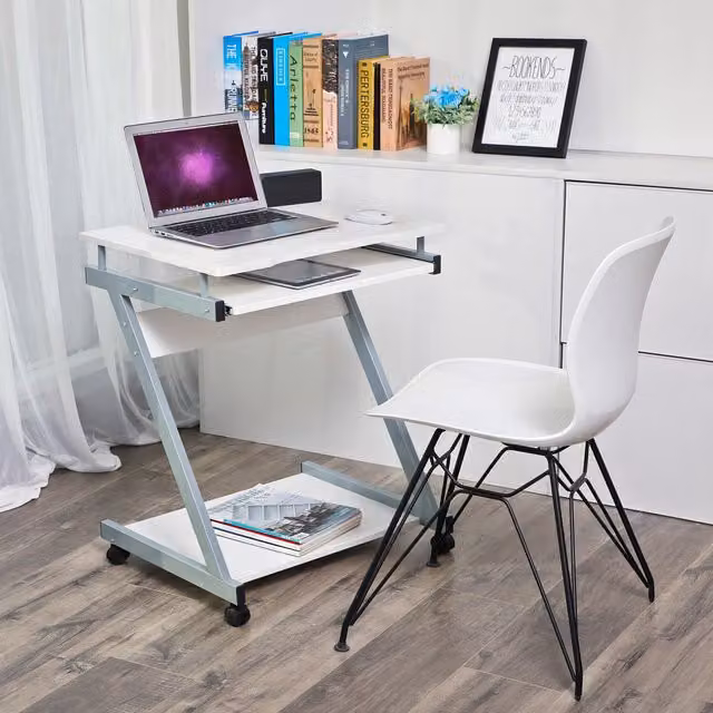 VASAGLE Modern Z-Shaped Computer Desk with Castors, White