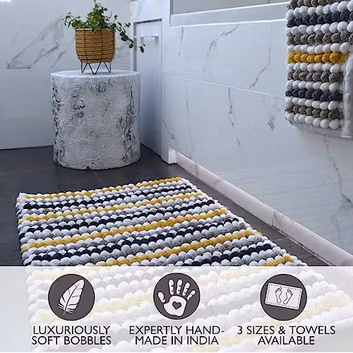 Allure Bath Fashions Striped Chunky Bobble Bath Mat, Multicolour (Yellow, Grey), W: 80 cm, D: 50 cm, H: 2 cm – 3