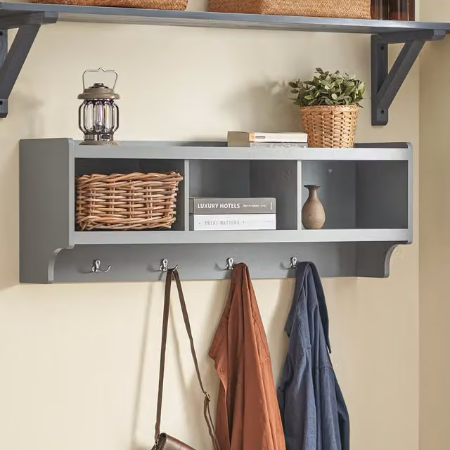 SoBuy Modern Wall Coat Rack with 3 Compartments and 4 Hooks in Grey