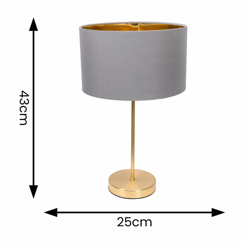 ValueLights Charlie Gold Stem Table Lamp with Grey Fabric Drum and Gold Inner Shade including Bulb – 2