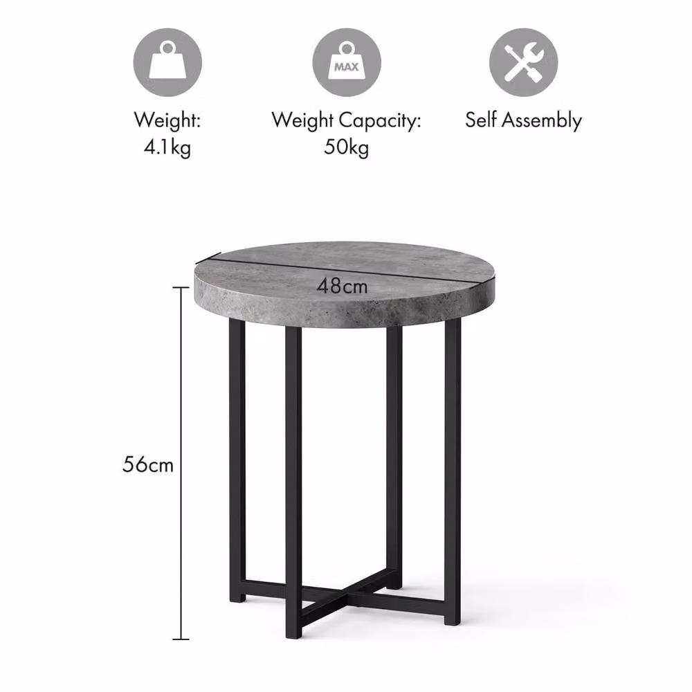 EONLION Grey Industrial Round Side Table with Concrete Effect Finish – 2