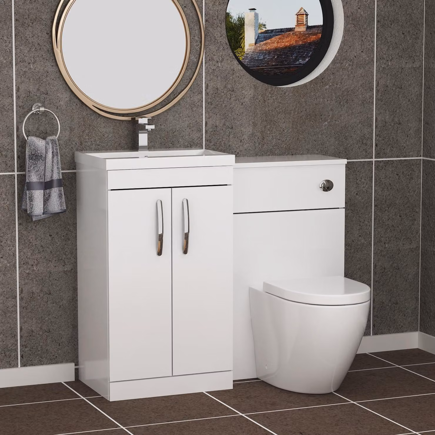 Royal Bathrooms Turin Gloss White 2-Door Mid-Edge Floor Standing Bathroom Furniture Pack with Elva Toilet