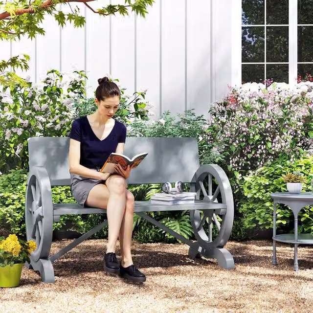 OUTSUNNY Grey Treated Hardwood Garden Bench Loveseat with High Back and Armrests – 1