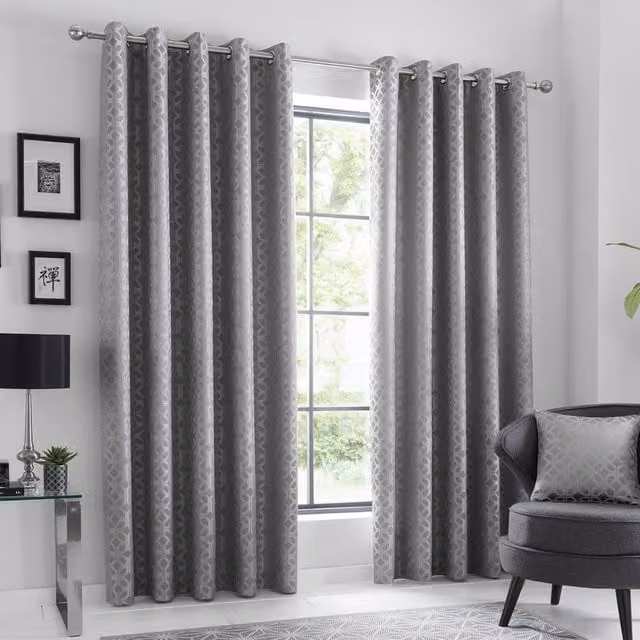 Terrys Oriental Ready Made Eyelet Curtains, Silver and Grey, Semi-Transparent Polyester Fabric