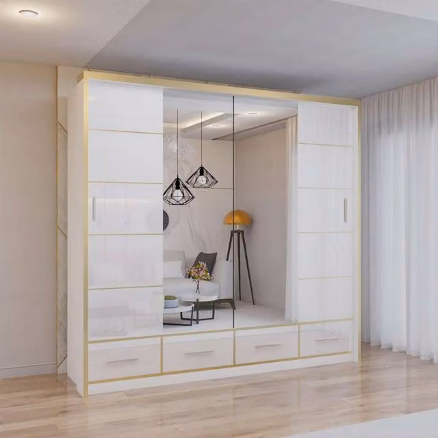 Sliding Wardrobes 4U Modern High Gloss Sliding Wardrobe with LED Light, White and Gold, W: 203 cm, H: 220 cm