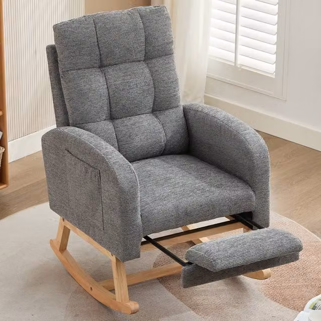 ModernLuxe Grey Boucle Rocking Chair with Adjustable Footrest, Side Pockets and Solid Wood Frame
