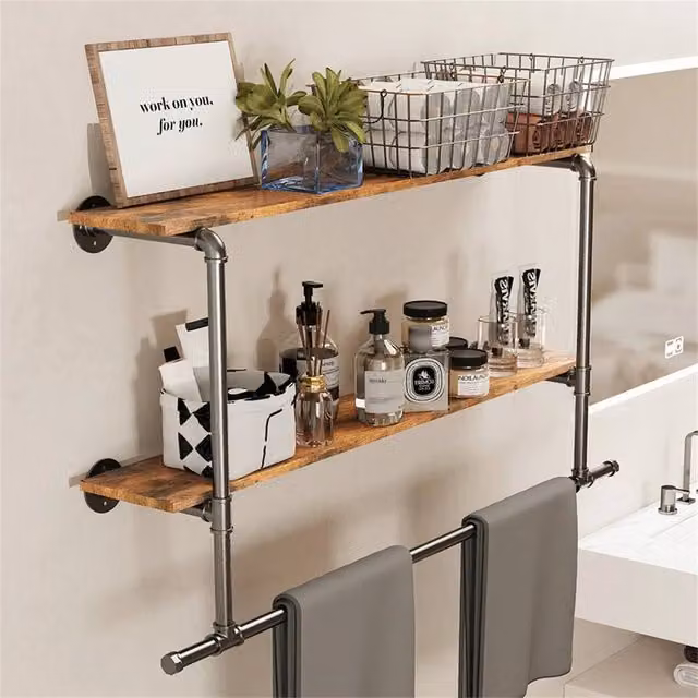 FORGEVIO Industrial Wall Hanging Garment Rack with Continuous Linear Rail and Wood Shelves in Black and Brown – 1
