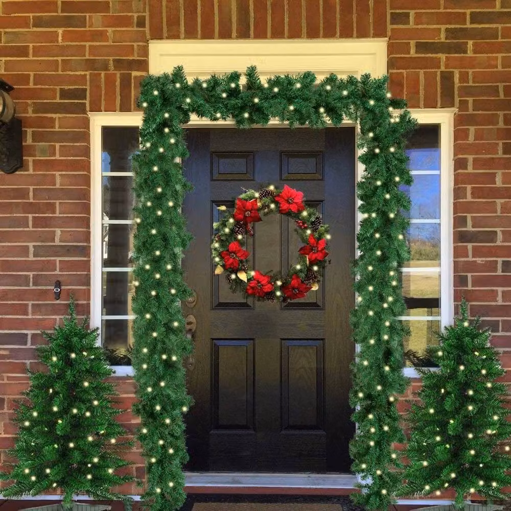 PAWNORA 9ft Green Christmas Garland with Warm White LED Lights – 4