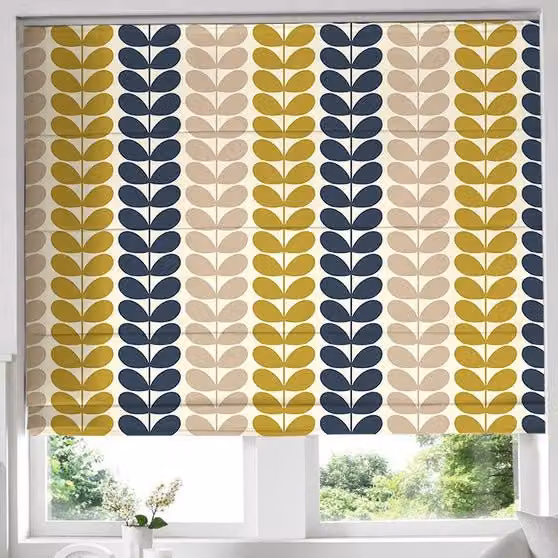 Orla Kiely Trio Stem Made to Measure Blackout Roman Blind in Blue and Yellow Floral Design