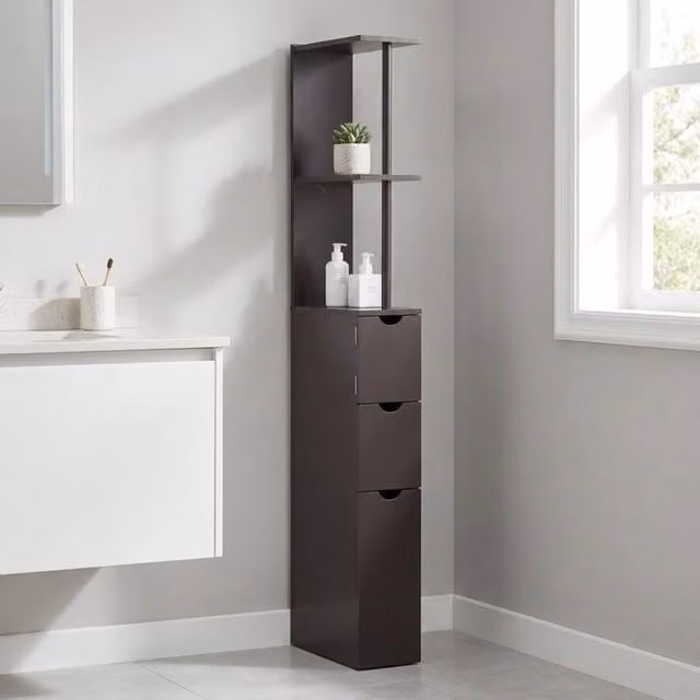 STILVORA Tall Brown Bathroom Storage Cabinet with Internal Shelves and Drawers