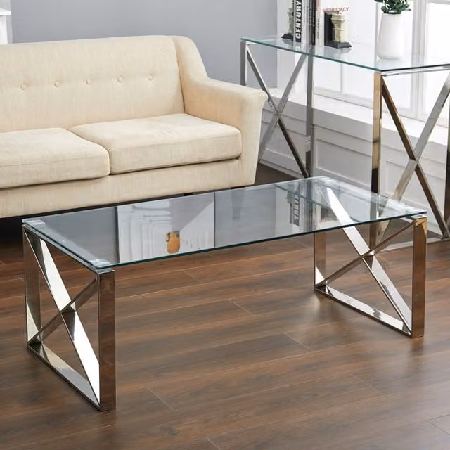 Livingandhome Modern Rectangular Clear Tempered Glass Coffee Table with Silver Metal Legs