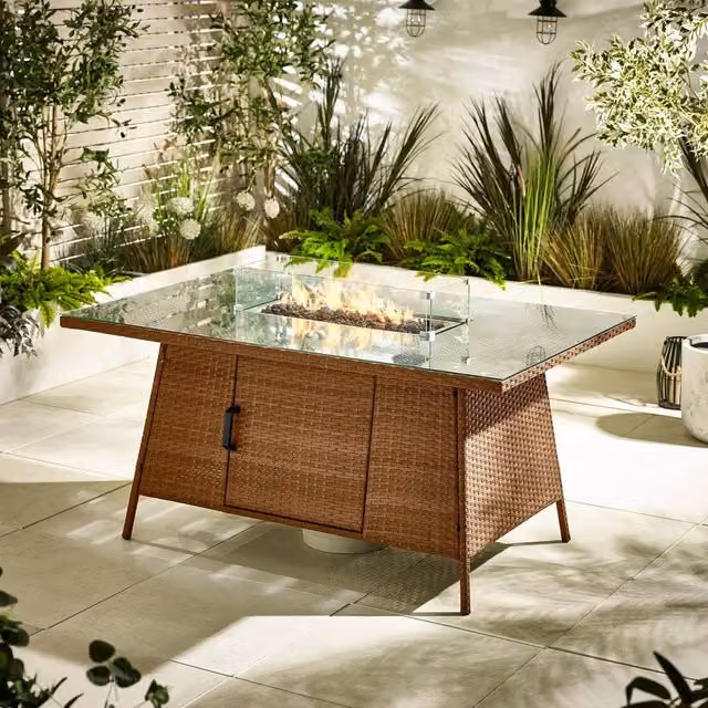 FurnitureboxUK Marbella Beige Rattan 6 Seat Garden Dining Table with Integrated Firepit – 1