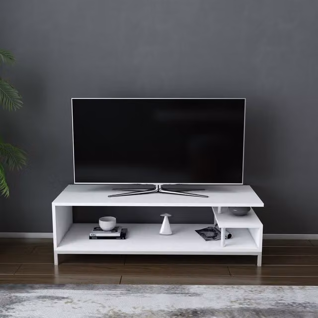 Decorotika Reilly Modern White TV Unit with Media Compartments and Back Panel