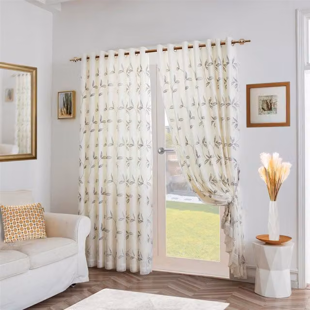Livinluxury Silver and White Leaf Embroidered Tulle Voile Curtains with Rod Pocket, Width: 137 cm