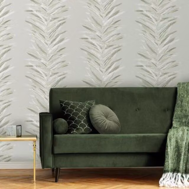 Muriva Dhara Leaf Wallpaper in Olive Green and Grey with Abstract Metallic Leafy Stripes