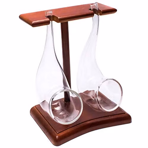 Vinology Set of 2 Transparent Pipe Sipping Brandy Tumbler Glasses with Brown Wooden Display Stand, 75ml
