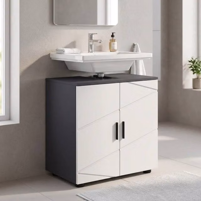 STILVORA Grey Under Sink Bathroom Cabinet with Soft Close Hinged Doors and Internal Shelves, W/D/H: 60 x 20 x 60 cm