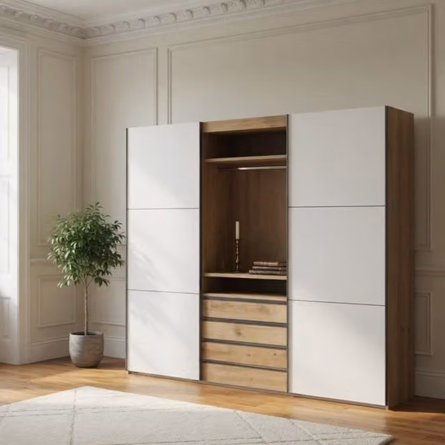 Magicglass 300cm Modern Sliding Wardrobe in White and Oak with Integrated Drawers