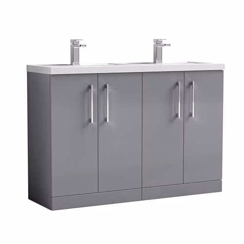 Balterley Grey Floor Standing Twin Basin Vanity Unit with Soft Close 4 Doors and Rectangular Sinks, W/D/H: 120.5 x 38.3 x 84.0 cm – 1