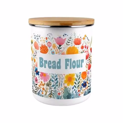 Purely Home Floral Bread Flour Storage Canister, 2.7 l, Multicolour Enamel Kitchen Tin with Bamboo Lid